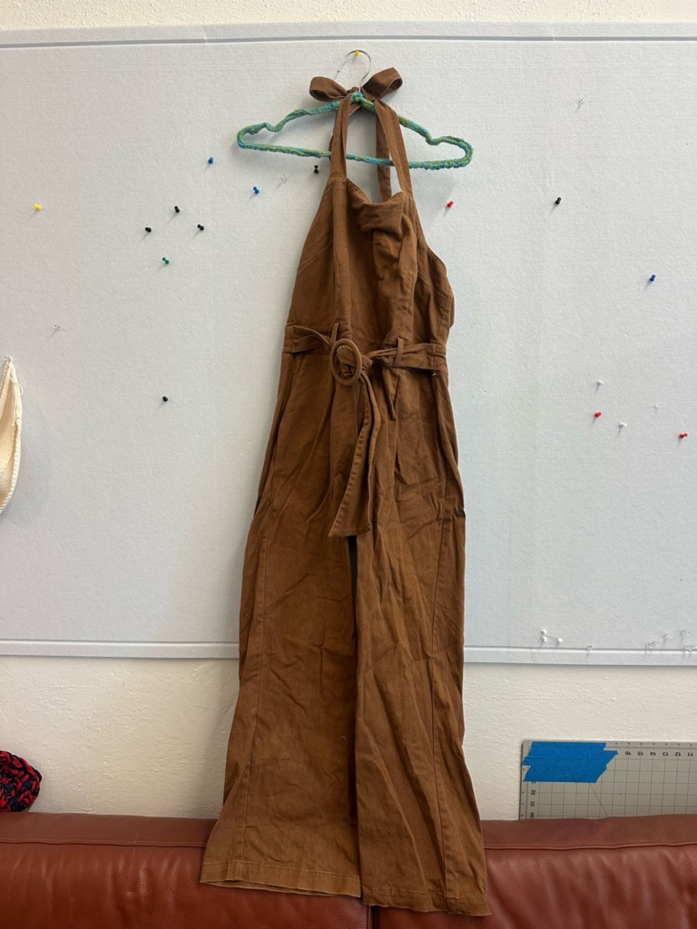 Retro 70s Brown Halter Wide-Leg Jumpsuit with Belt